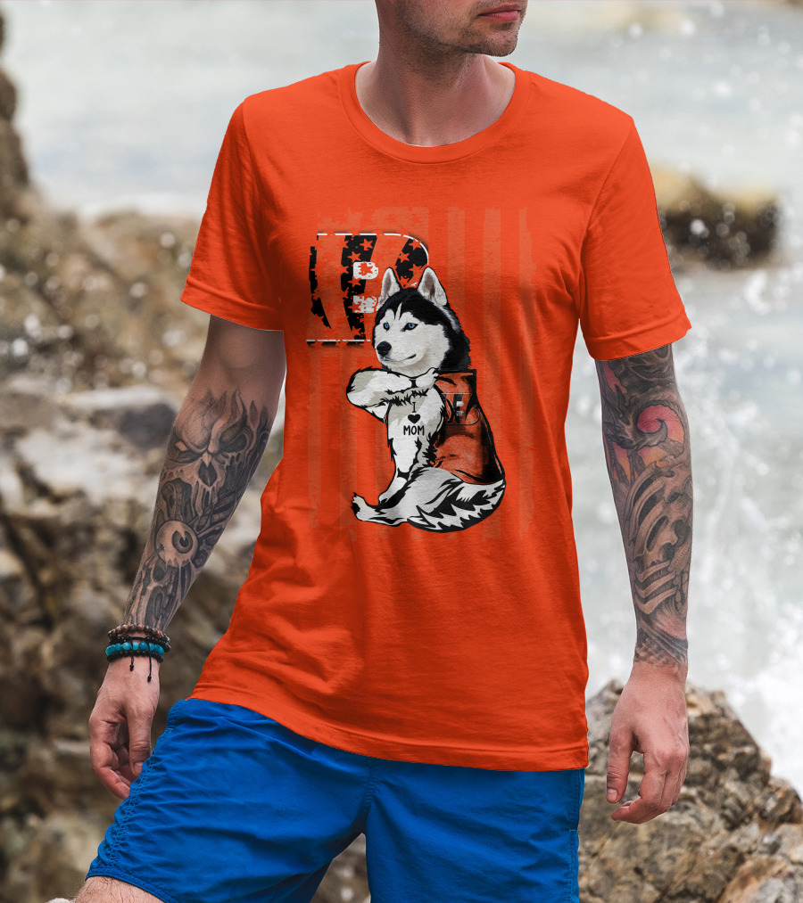 Cincinnati Bengals Siberian Husky I Love Mom Fan T-Shirt