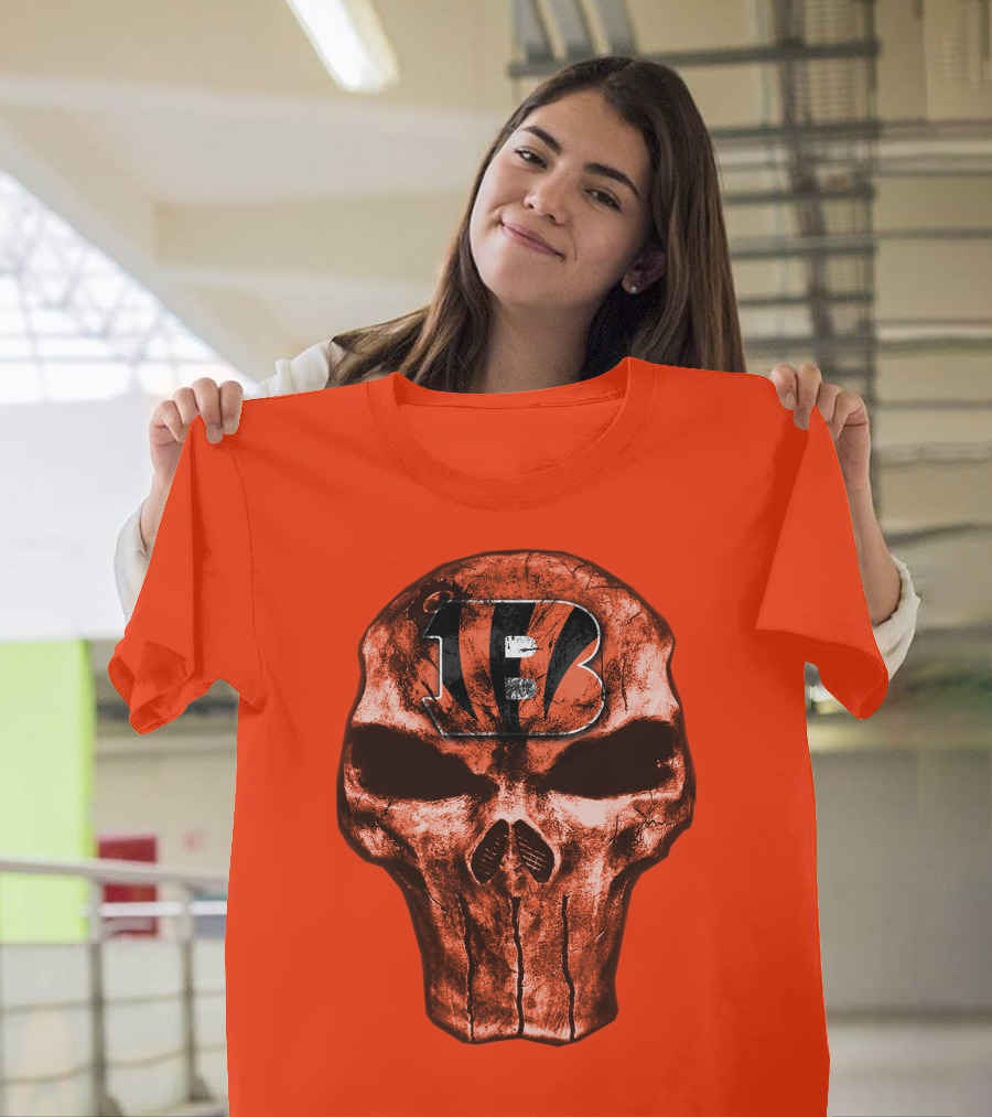 Skull Cincinnati Bengals Logo On Bold Orange T-Shirt