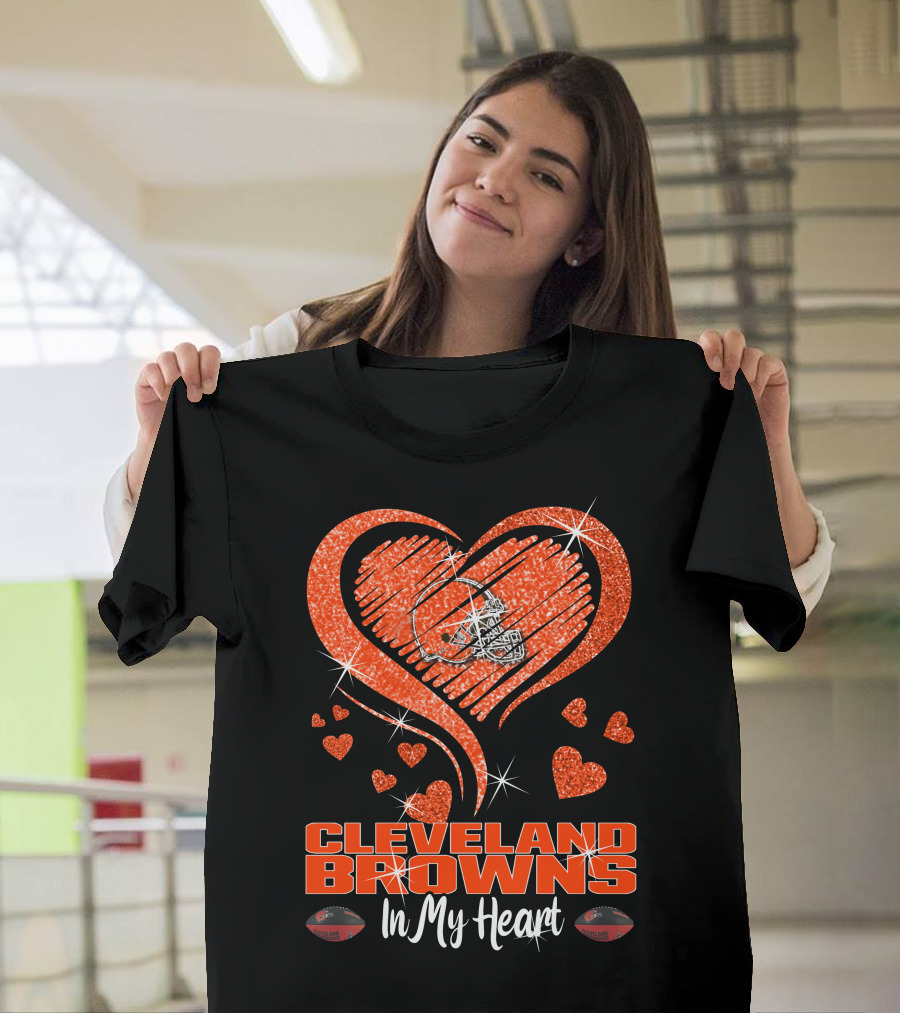 CLEVELAND BROWNS In My Heart Sparkling Helmet and Hearts T-Shirt