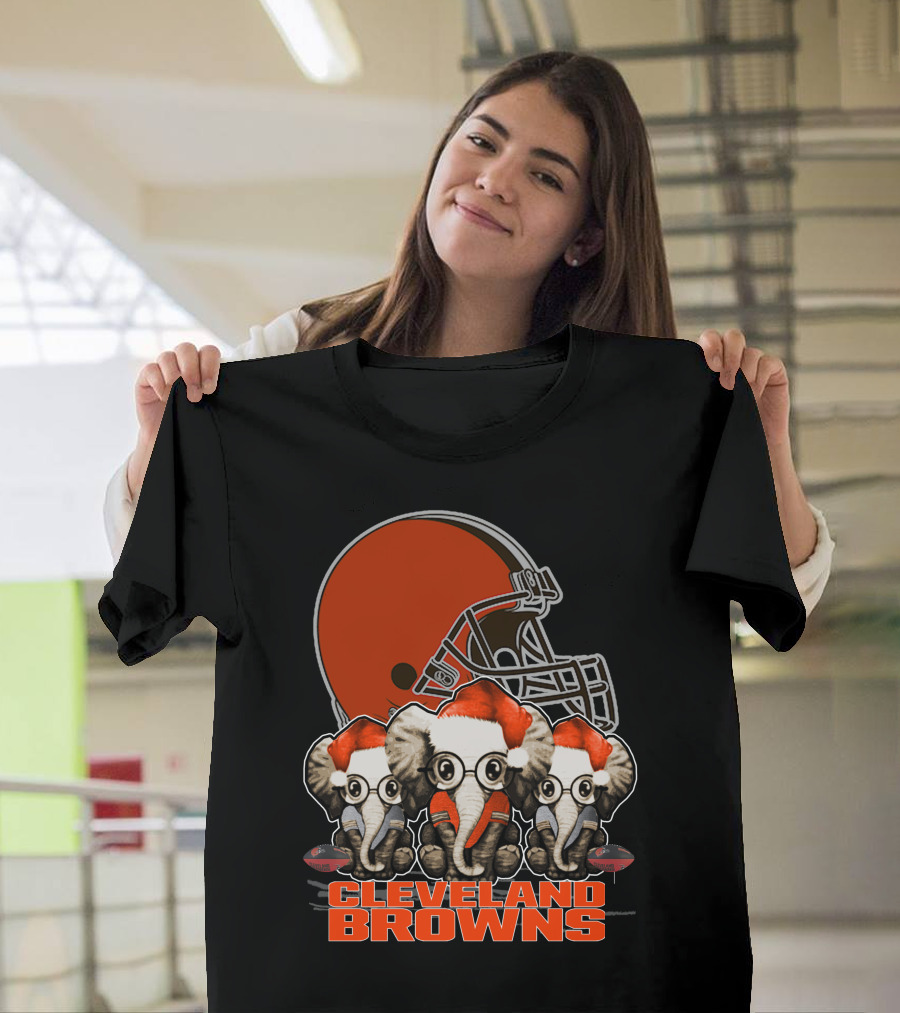 Cleveland Browns Christmas Elephants With Santa Hats T-Shirt