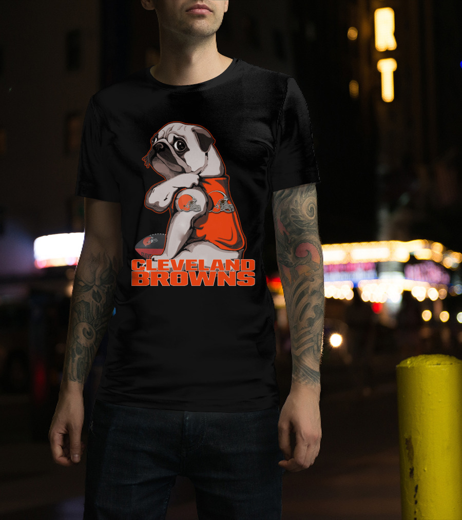 Cleveland Browns Pug In Orange Jersey With Football And Helmet T-Shirt