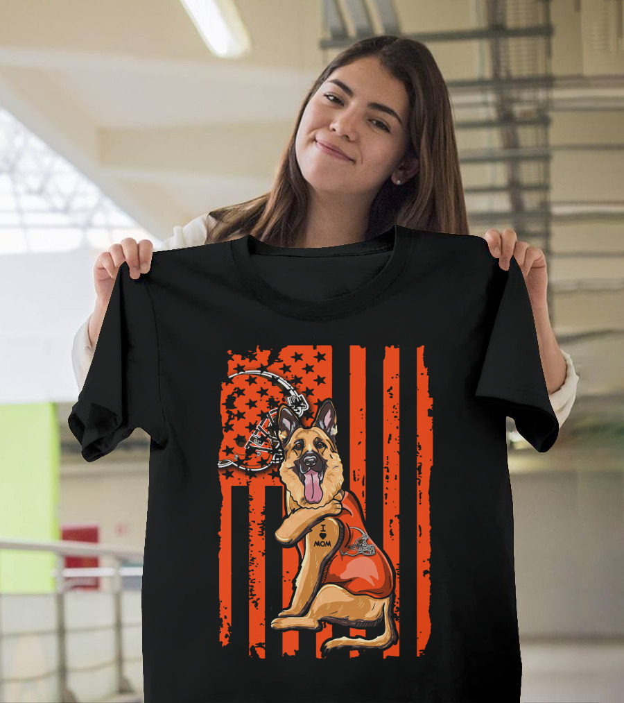 Cleveland Browns German Shepherd Dog And Football Helmet With Orange Flag Background T-Shirt