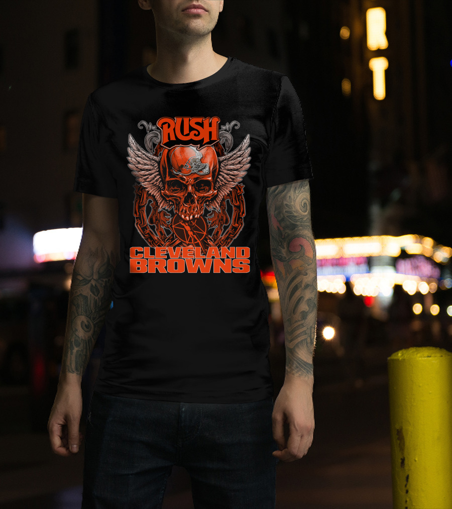 RUSH Cleveland Browns Skull Helmet Wings Chain T-Shirt