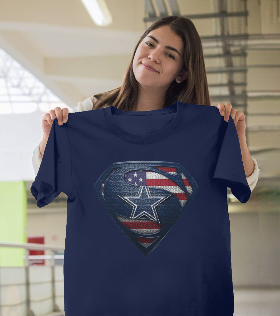 Spm DALLAS COWBOYS Superman Shield American Flag Star T-Shirt