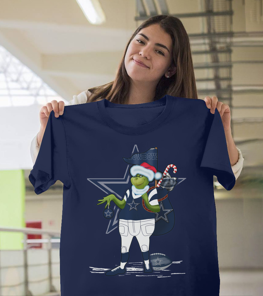 Grinchxmas Dallas Cowboys Holiday Cheer With Starry Football Twist T-Shirt
