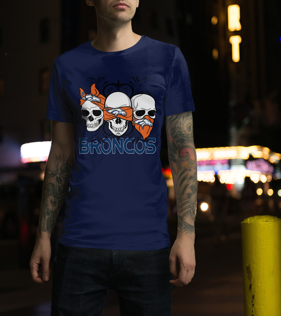 Broncos 3 Skull Bandana Denver Fans T-Shirt
