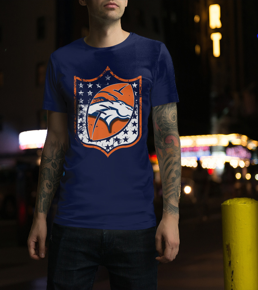 Denver Broncos Vintage Logo With Stars And Orange Shield T-Shirt