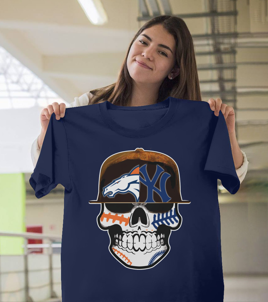 Denver Broncos New York Yankees Skull Sports Fusion T-Shirt