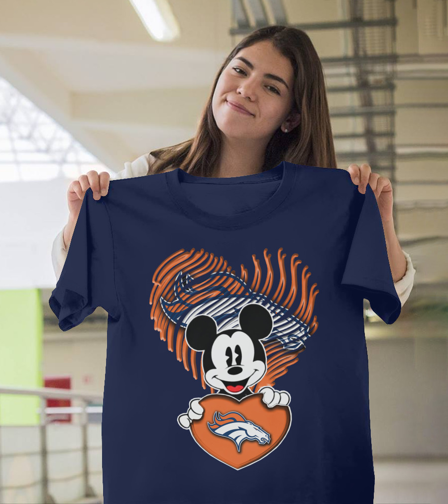 Mickey Mouse Holding Denver Broncos Logo Heart With Bronco Horse Outline T-Shirt