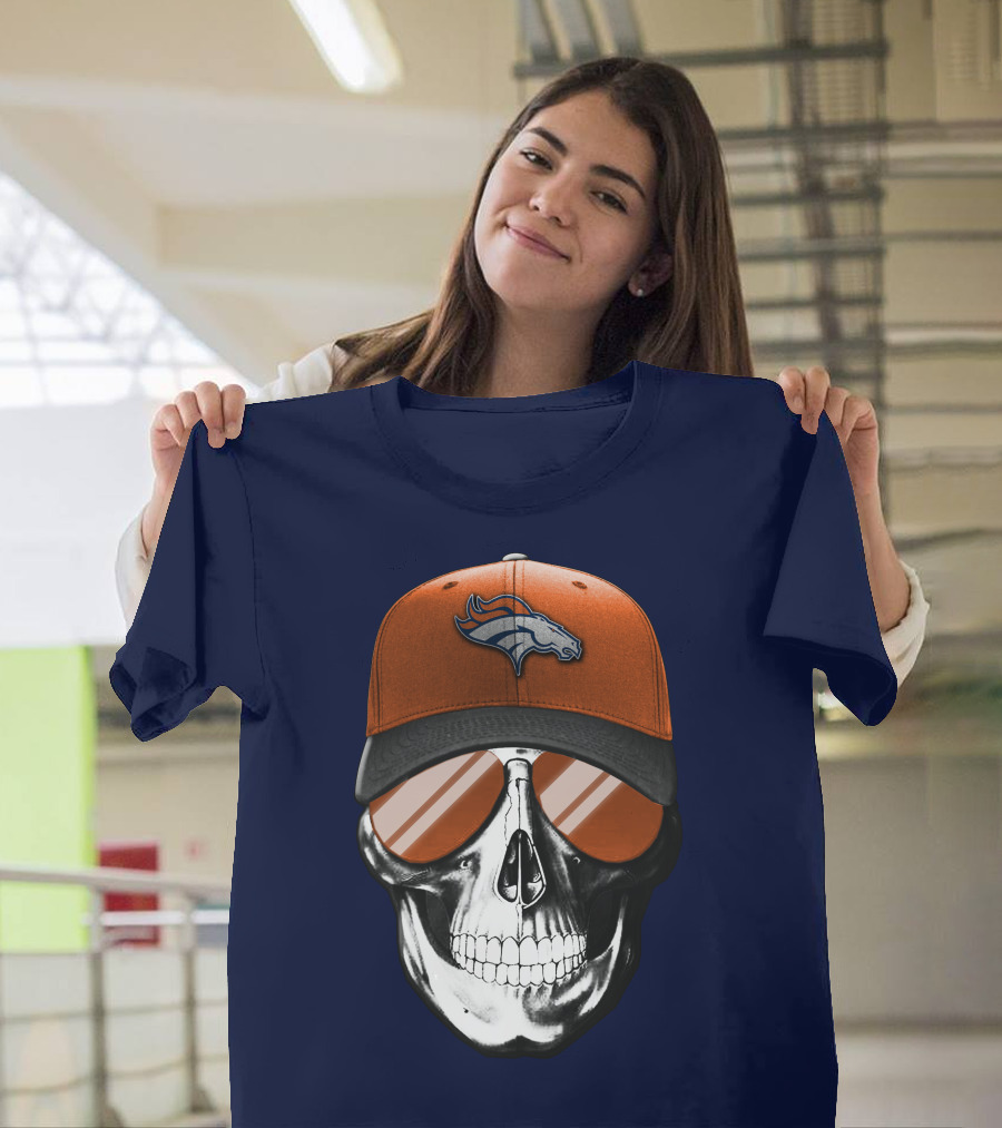 Skull V7 Denver Broncos Cap And Sunglasses T-Shirt