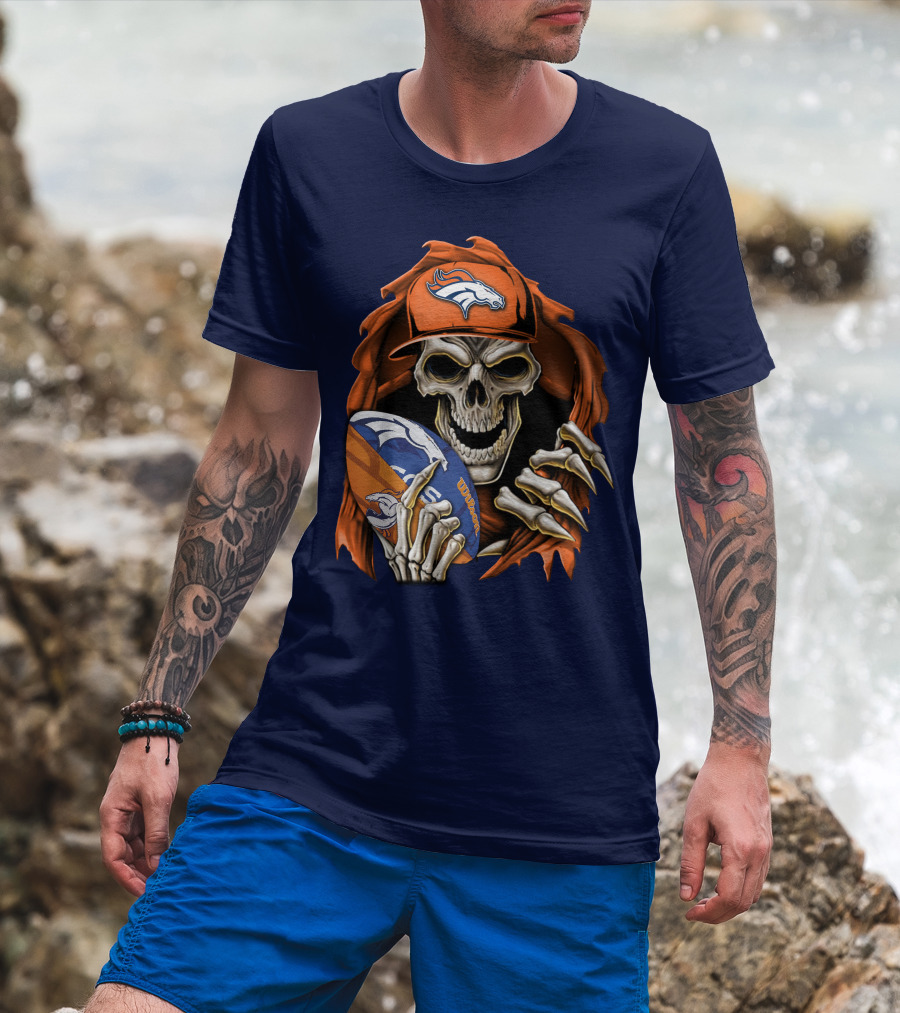 Skullbong Denver Broncos Skeleton Holding Football With Team Logo Helmet And Cap T-Shirt