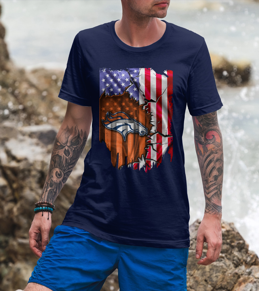 Flag V2 Denver Broncos American Flag Rip Style T-Shirt