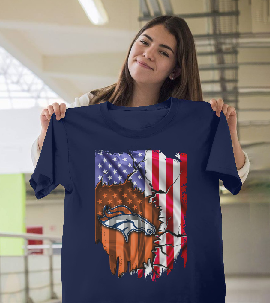Flag V2 Denver Broncos American Flag Rip Style T-Shirt