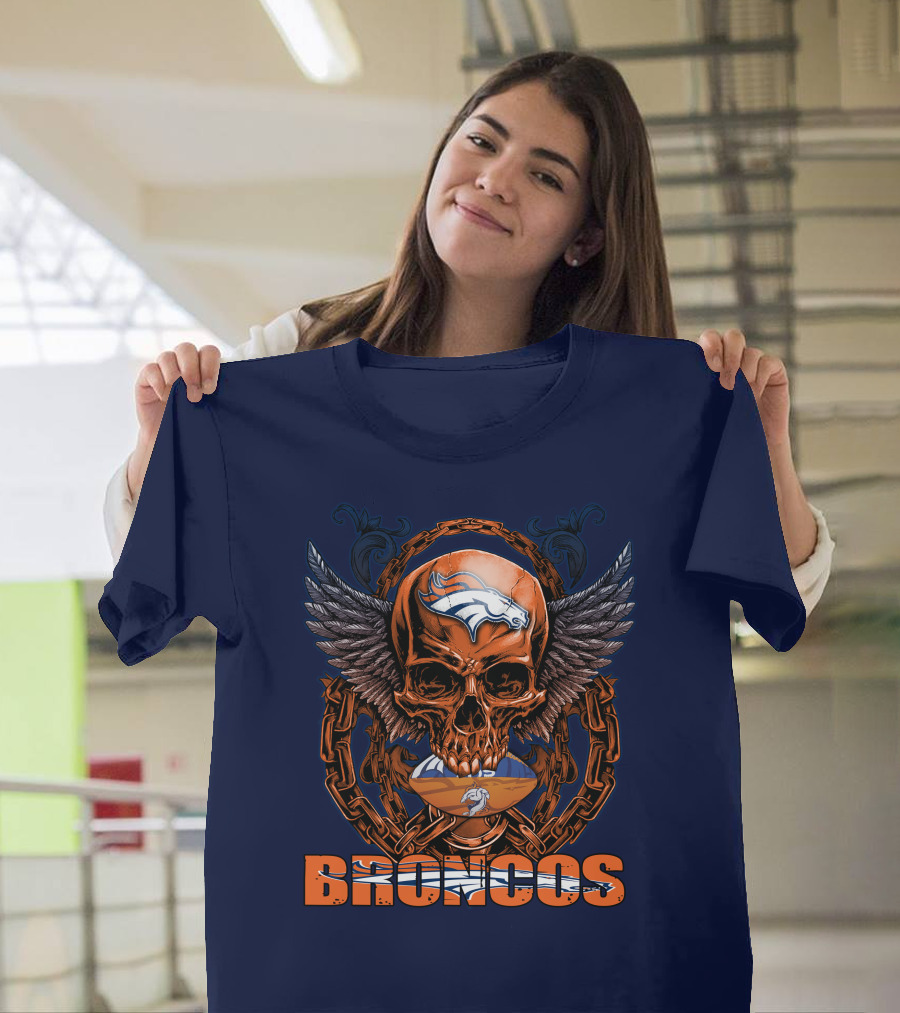 Skullfb Denver Broncos Winged Skull Football Chain T-Shirt
