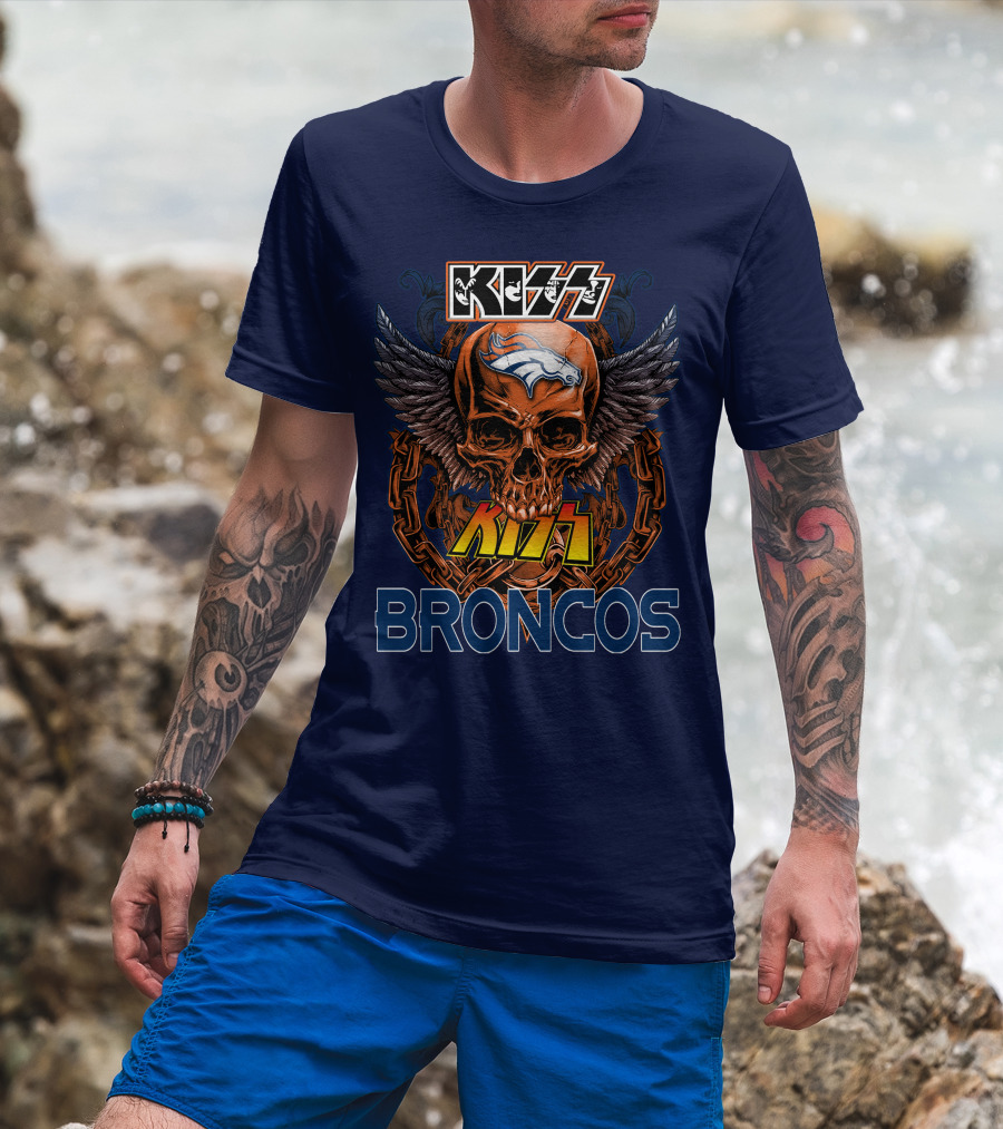 Kiss Denver Broncos Skull With Wings And Chains T-Shirt
