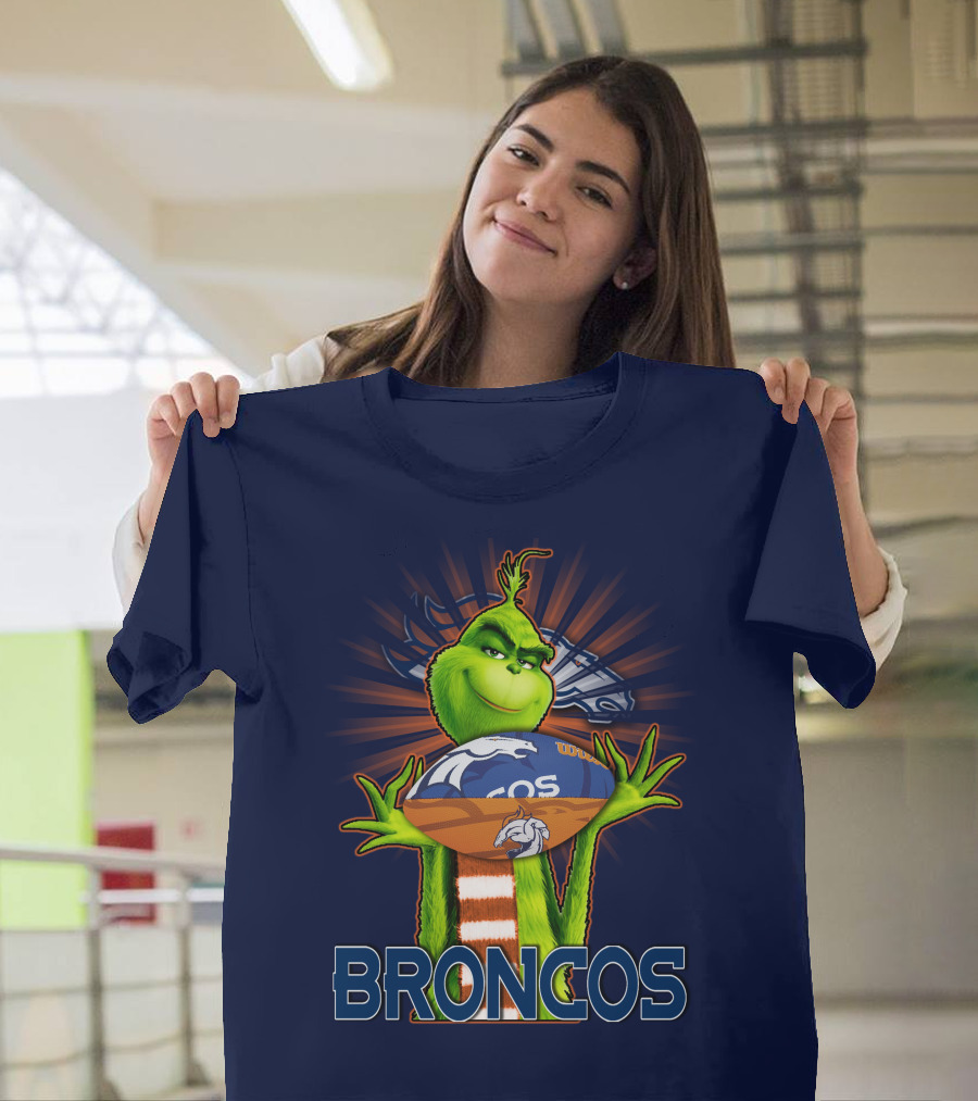 Grinch Holding Denver Broncos Football T-Shirt