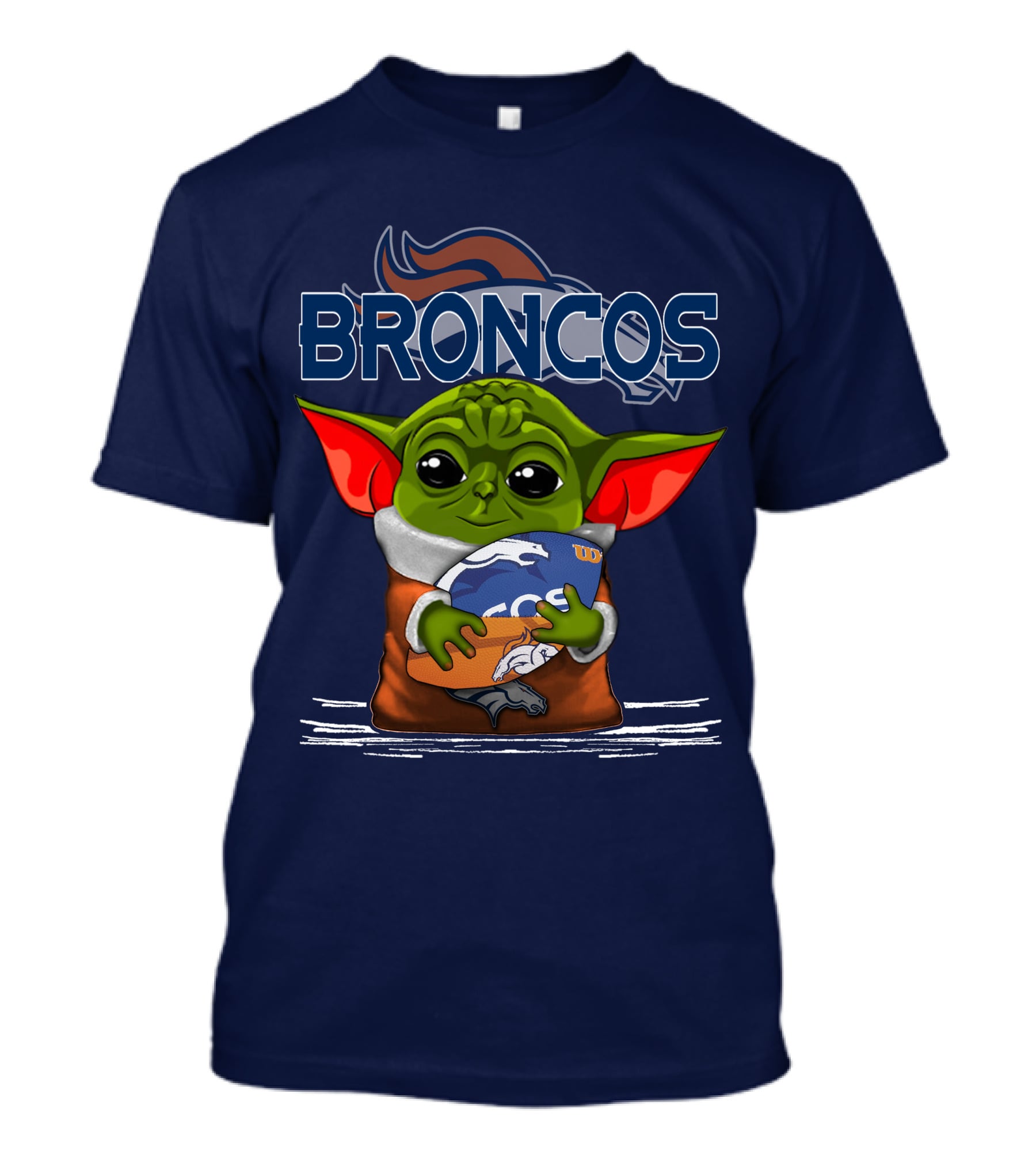 Yoda Holding Denver Broncos Logo With Baby Alien In Orange Robe T-Shirt