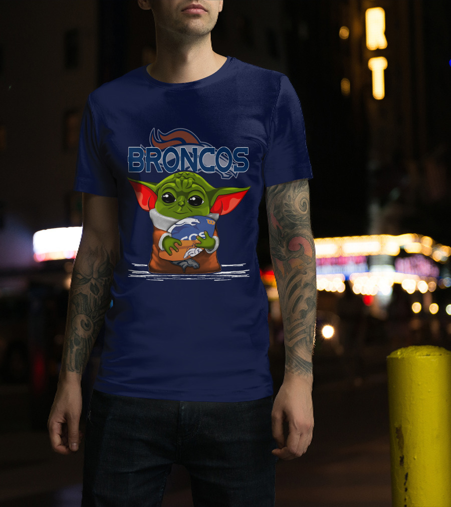 Yoda Holding Denver Broncos Logo With Baby Alien In Orange Robe T-Shirt