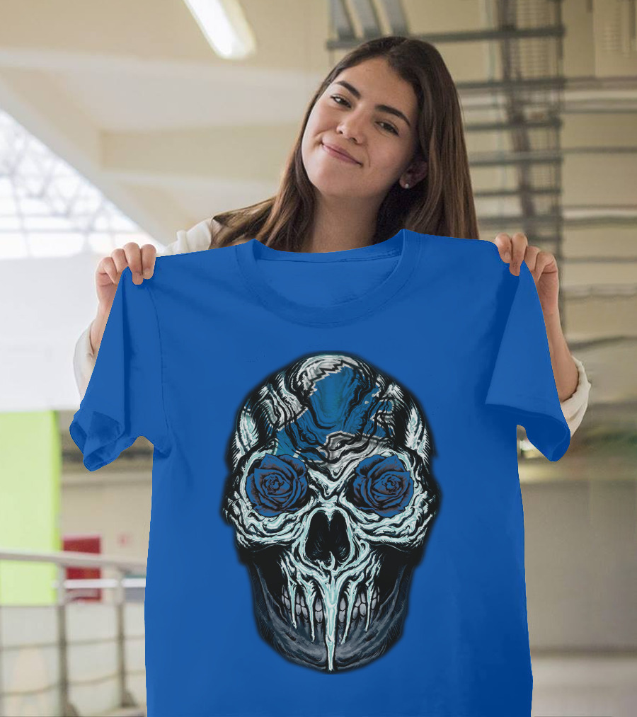 Detroit Lions 57 Skull Blue Roses T-Shirt