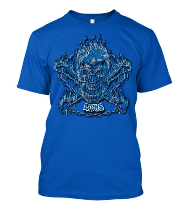 Detroit Lions Skull And Crossbones Fiery Blue T-Shirt