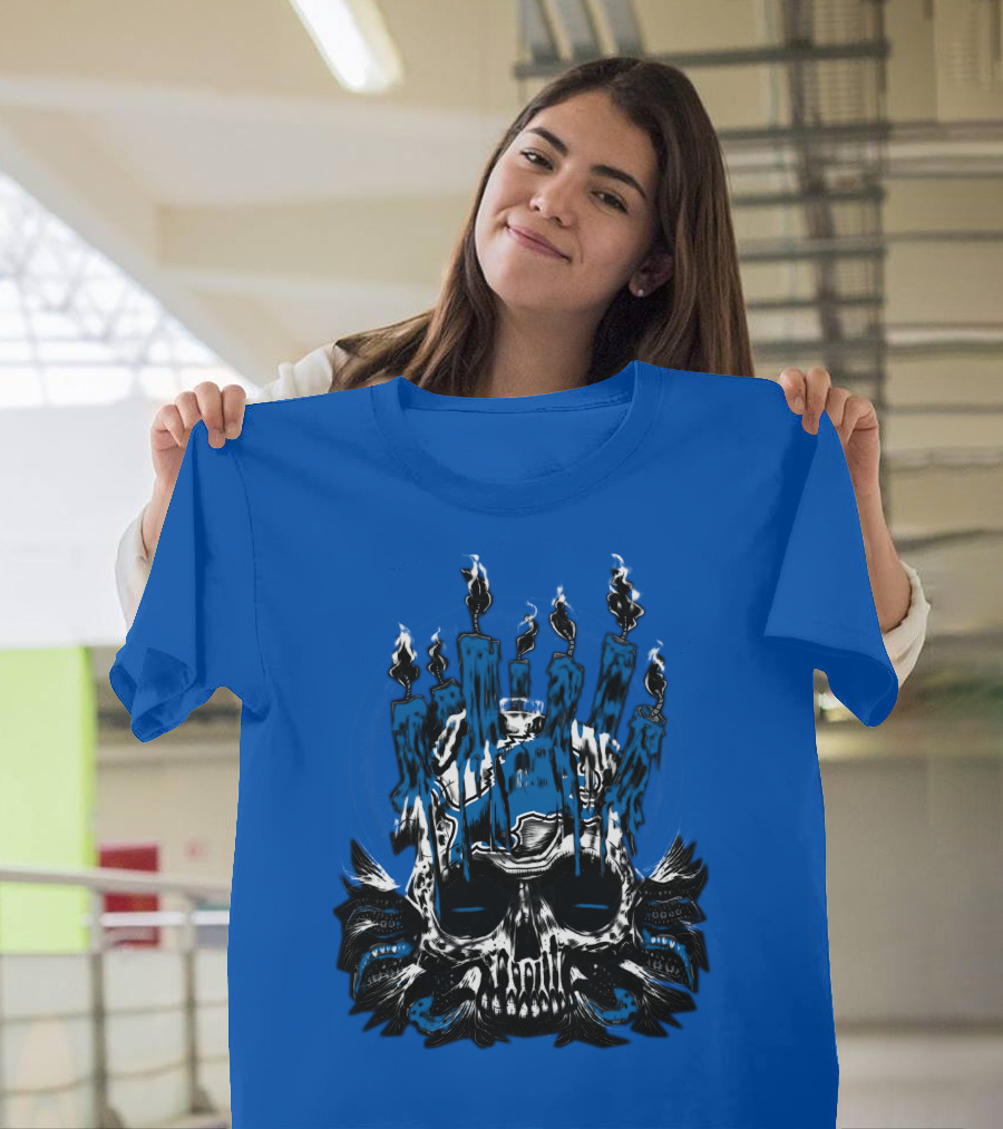 Detroit Lions Skull With Blue Flames And Candles T-Shirt