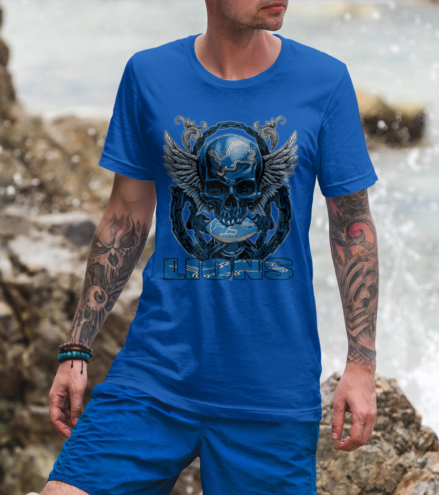Winged Skull Detroit Lions Emblem Blue Silver Chains T-Shirt