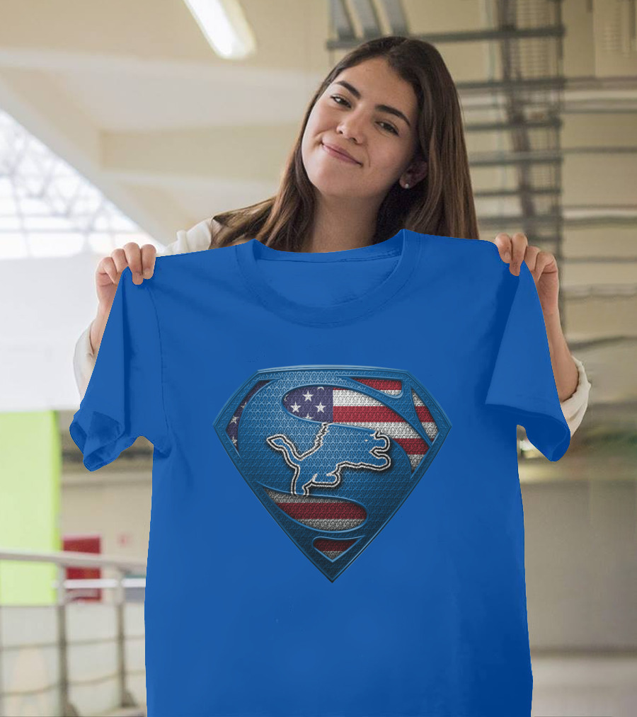 Spm Detroit Lions Superman Shield American Flag T-Shirt
