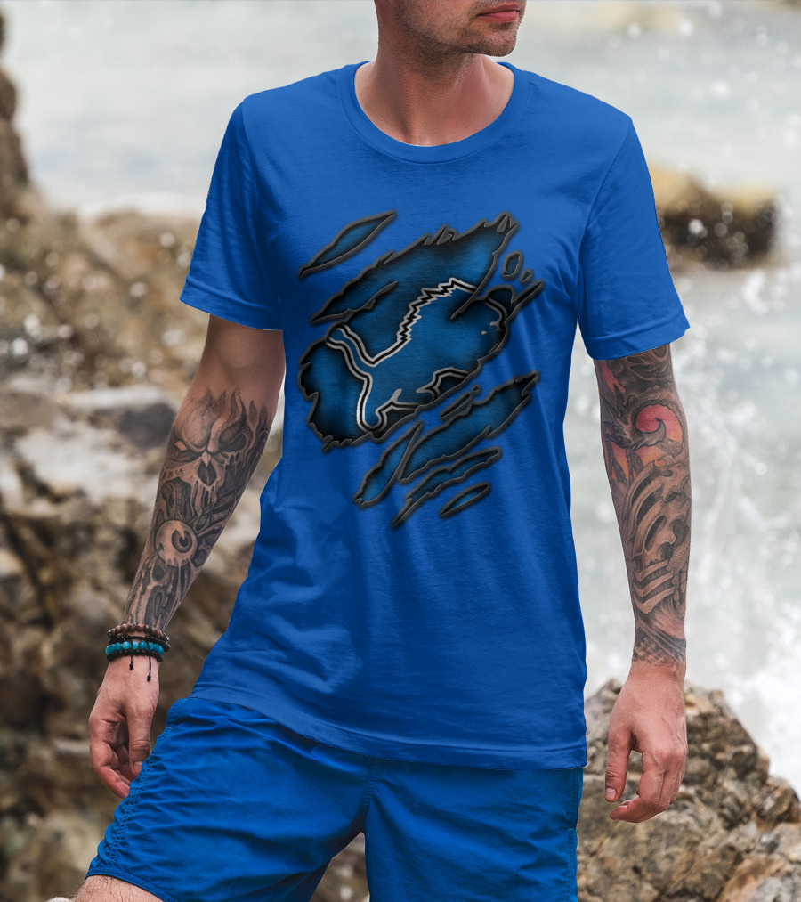 Torn Detroit Lions Blue Texture With Iconic Lion Logo In Claw Marks T-Shirt