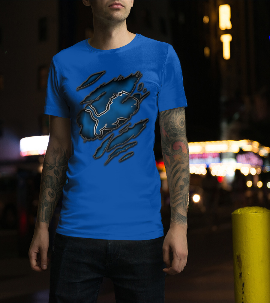 Torn Detroit Lions Blue Texture With Iconic Lion Logo In Claw Marks T-Shirt