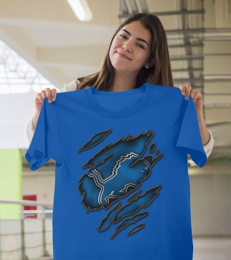 Torn Detroit Lions Blue Texture With Iconic Lion Logo In Claw Marks T-Shirt