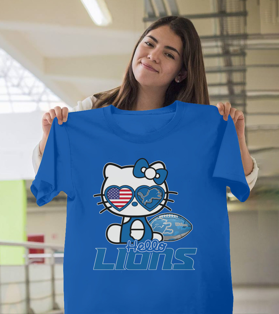 Hello Kitty Usa Detroit Lions Football Heart Glasses T-Shirt
