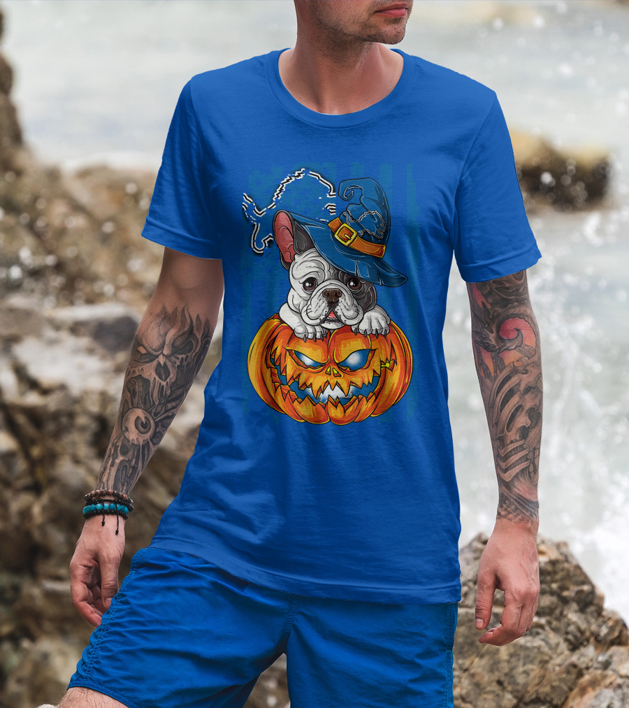 Hlw Bulldog DETROIT LIONS Halloween Bulldog Pumpkin Pajama Football Fan Gift T-Shirt