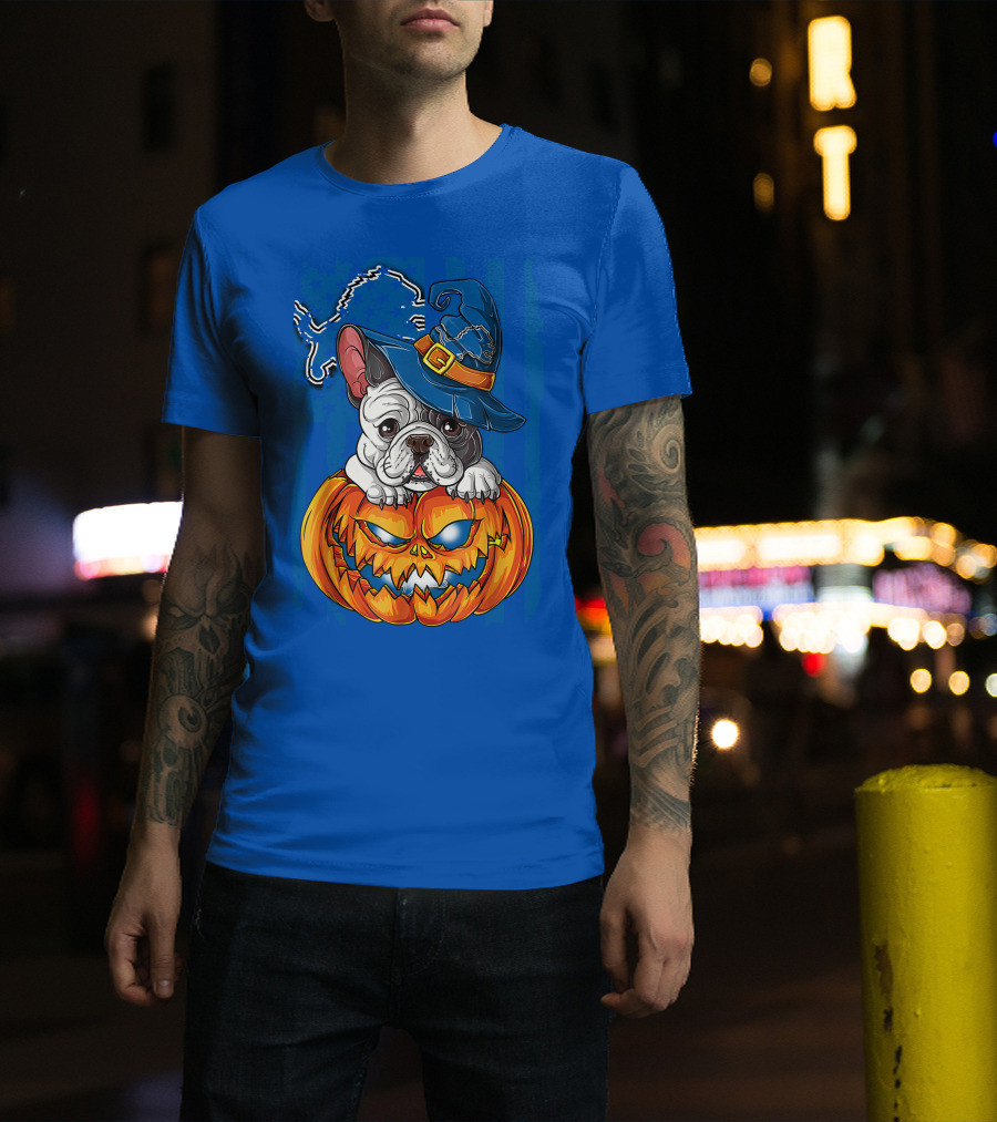 Hlw Bulldog DETROIT LIONS Halloween Bulldog Pumpkin Pajama Football Fan Gift T-Shirt