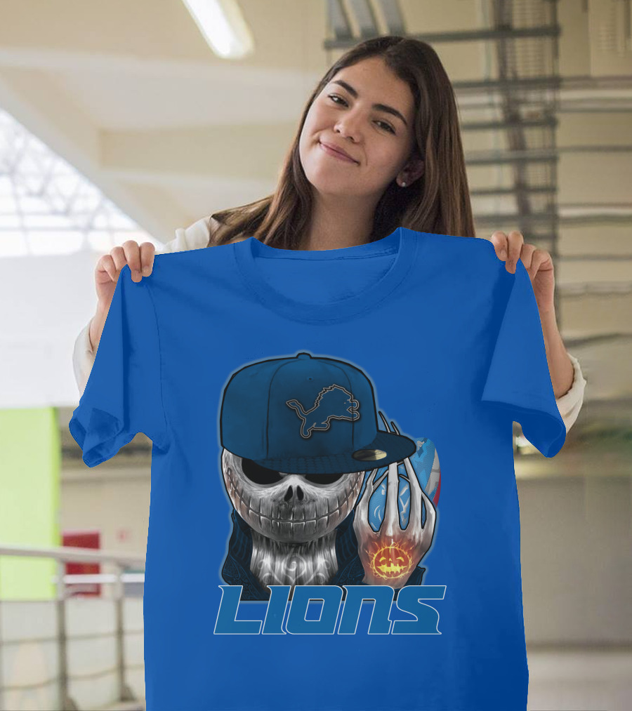 LIONS Jackskull Detroit Football Pumpkin Face Cap T-Shirt