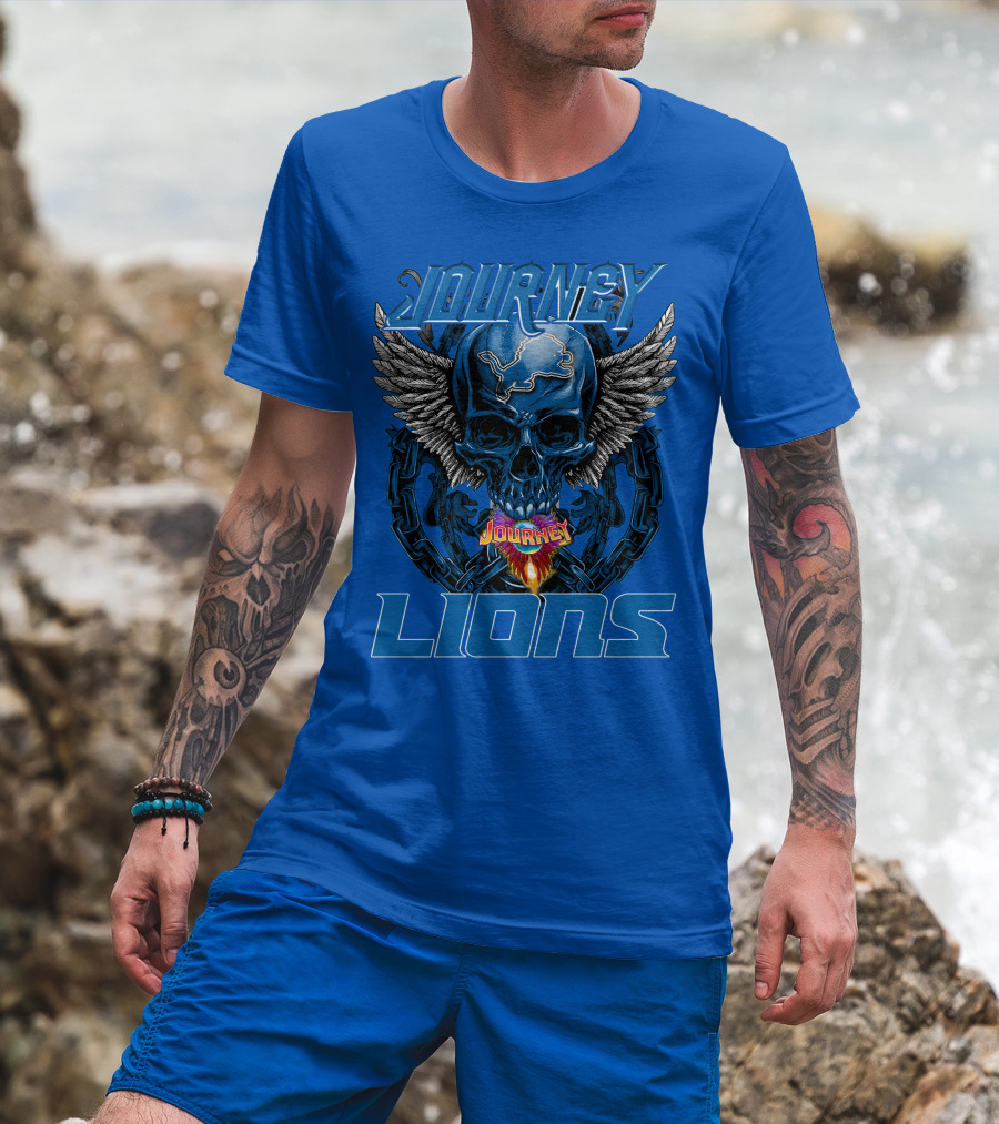 Journey Detroit Lions Skull Wings Flame Chain T-Shirt