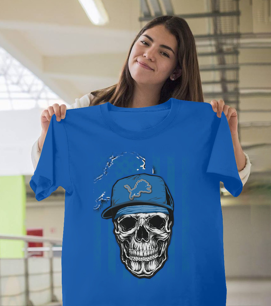 DETROIT LIONS Skull with Cap Sports T-Shirt
