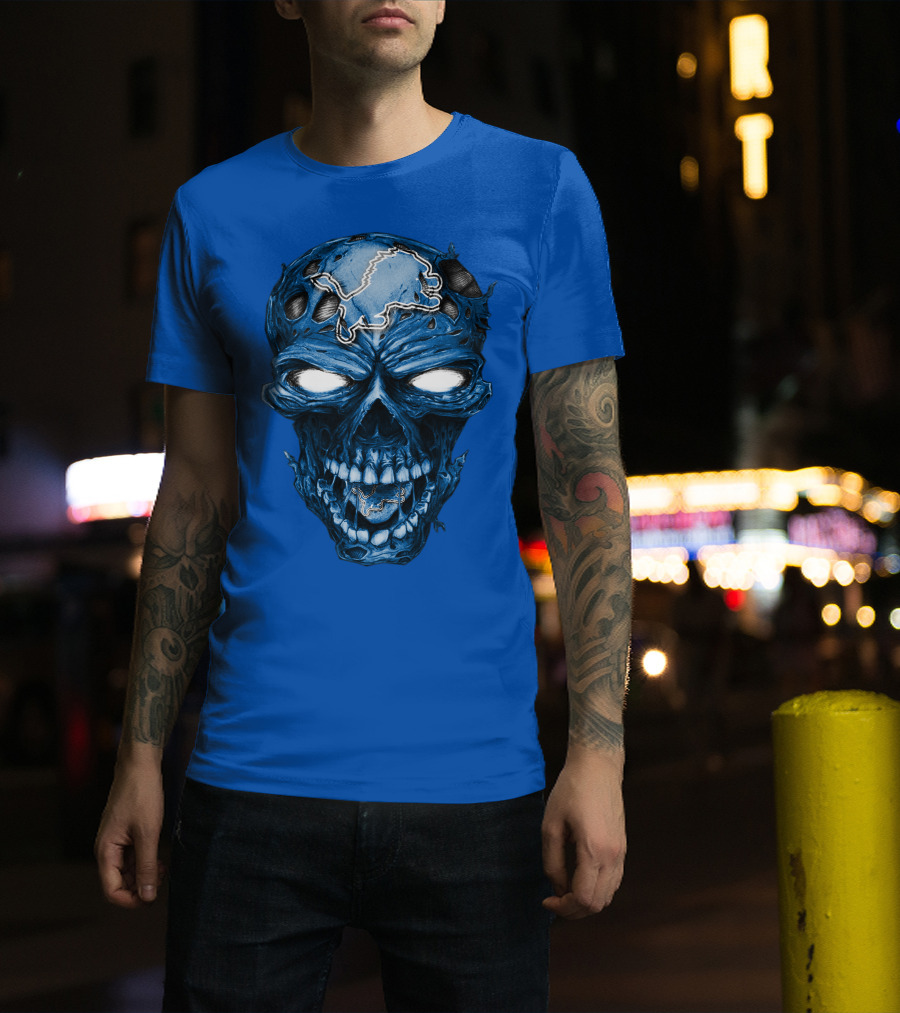 Skull Detroit Lions Distressed Blue Grunge T-Shirt