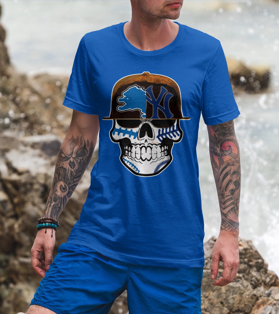 Detroit Lions Yankees Skull Blue Baseball Hat 74 T-Shirt