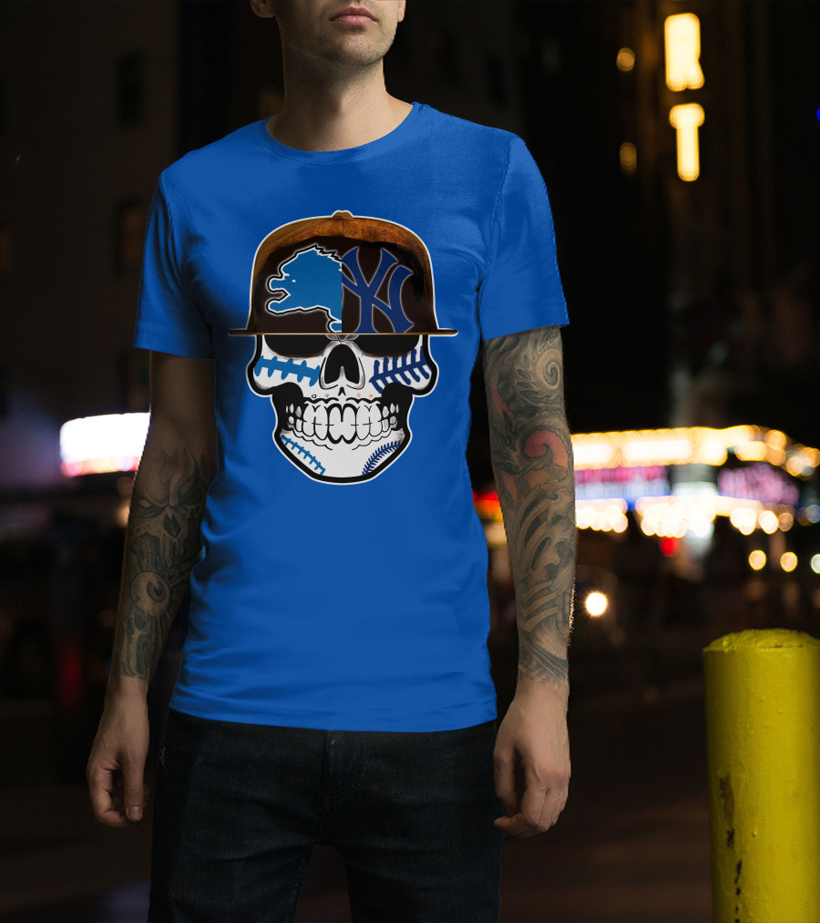 Detroit Lions Yankees Skull Blue Baseball Hat 74 T-Shirt