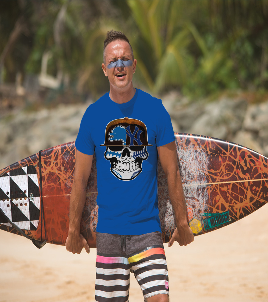 Detroit Lions Yankees Skull Blue Baseball Hat 74 T-Shirt