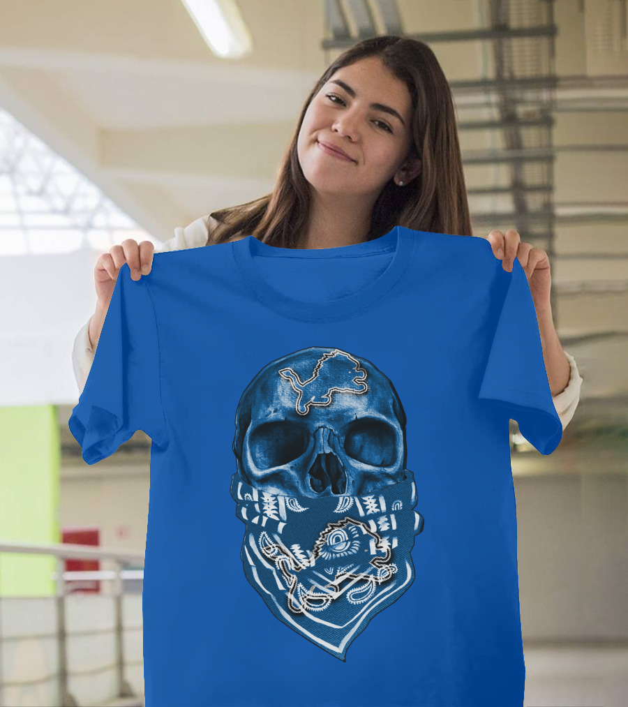 Detroit Lions Skull Bandana Blue T-Shirt