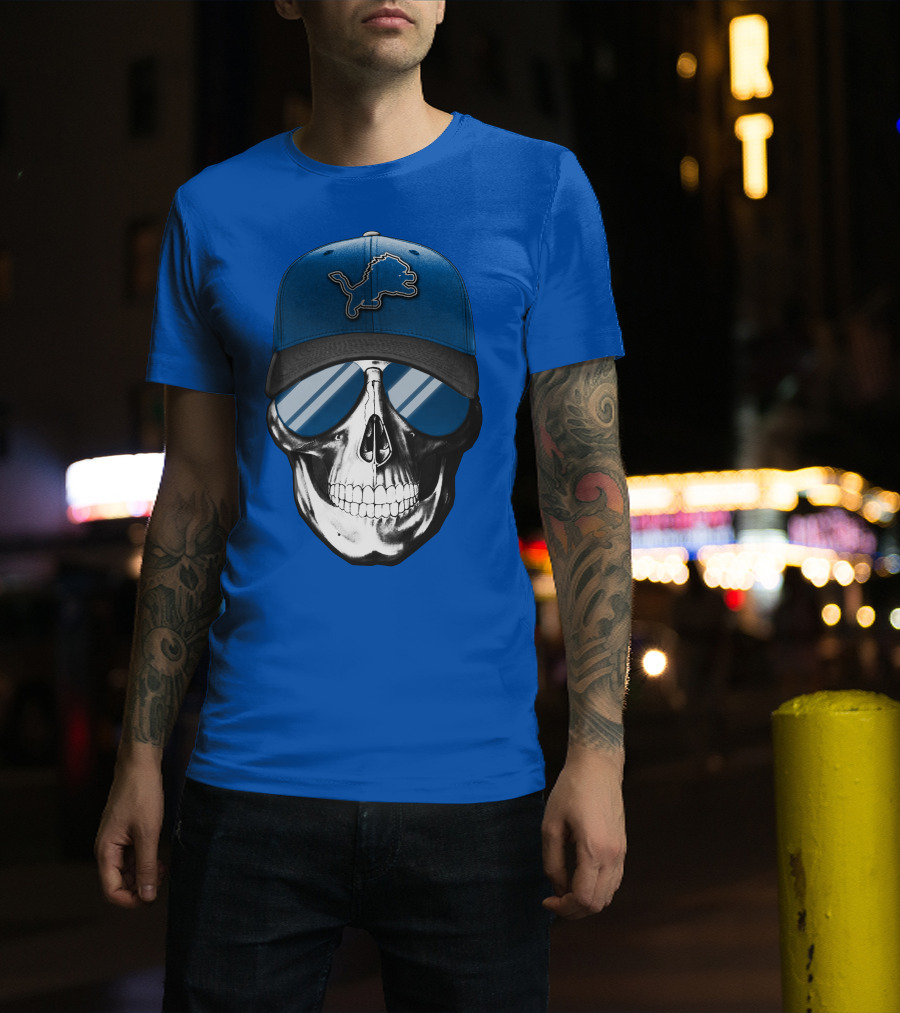 Skull Wearing Detroit Lions Cap With Reflective Sunglasses T-Shirt