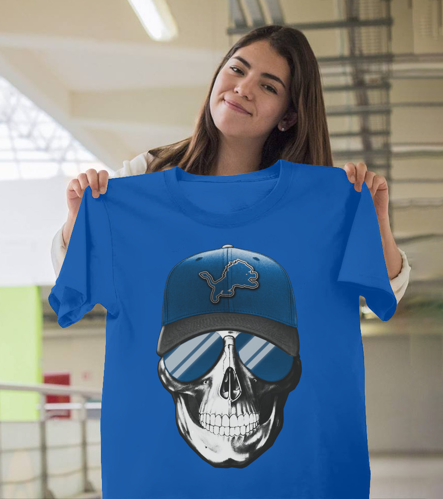 Skull Wearing Detroit Lions Cap with Reflective Sunglasses T-Shirt