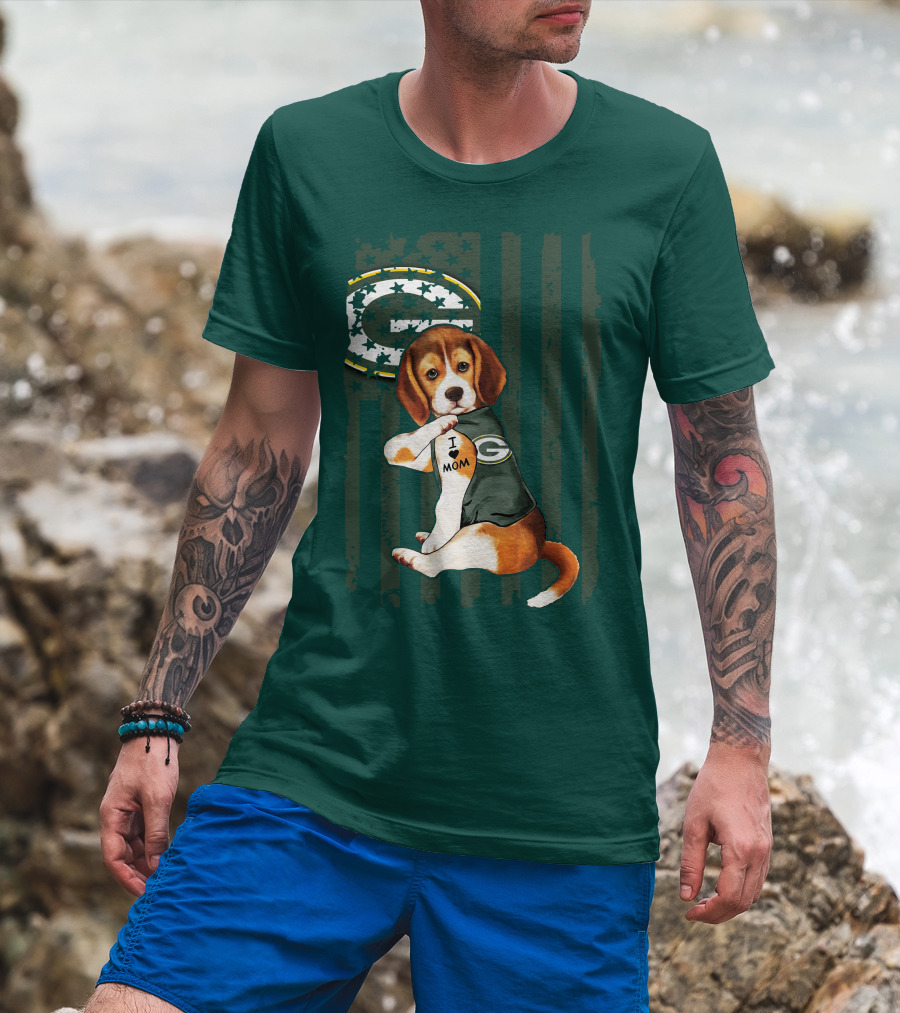 Beagle Wearing Green Bay Packers Jersey With I Love Mom Tattoo T-Shirt