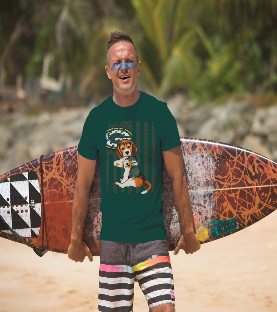 Beagle Wearing Green Bay Packers Jersey With I Love Mom Tattoo T-Shirt