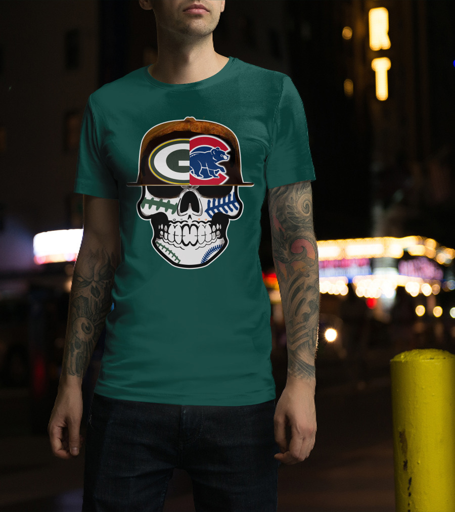 Green Bay Packers Chicago Cubs Skull Hat T-Shirt