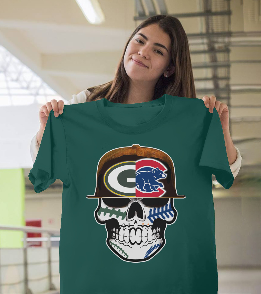 Green Bay Packers Chicago Cubs Skull Hat T-Shirt