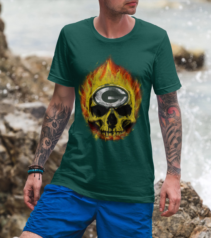 Green Bay Packers Skull Flames T-Shirt