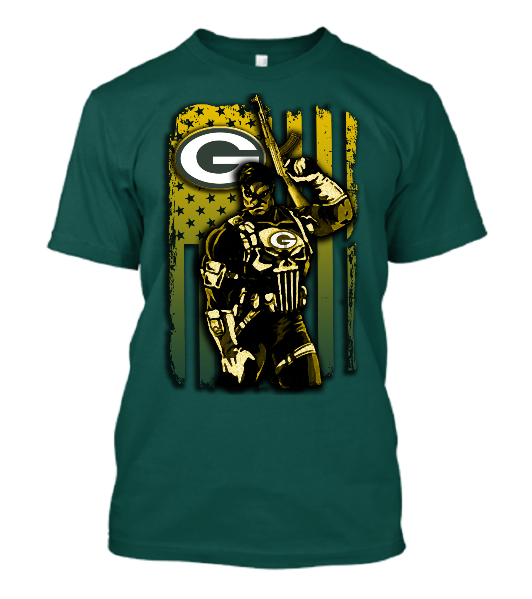 Green Bay Packers Soldier With Rifle And American Flag T-Shirt