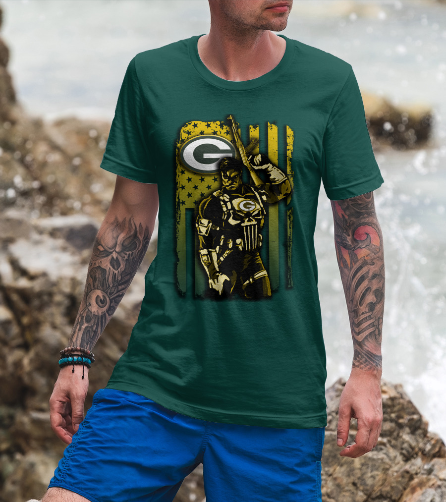 Green Bay Packers Soldier With Rifle And American Flag T-Shirt
